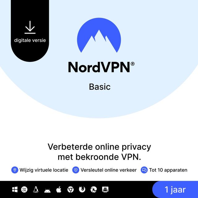 NordVPN Basic - VPN Software - 1 Jaar - Tot 10 Apparaten - PC, Mac & Mobiel